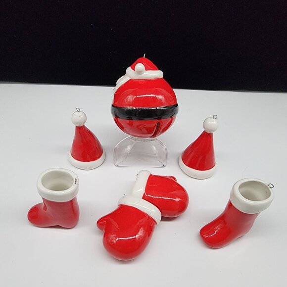 Ceramic Santa Christmas Ornaments 7 Pieces Including Santa Hat Mittens & Boots - Picture 4 of 6